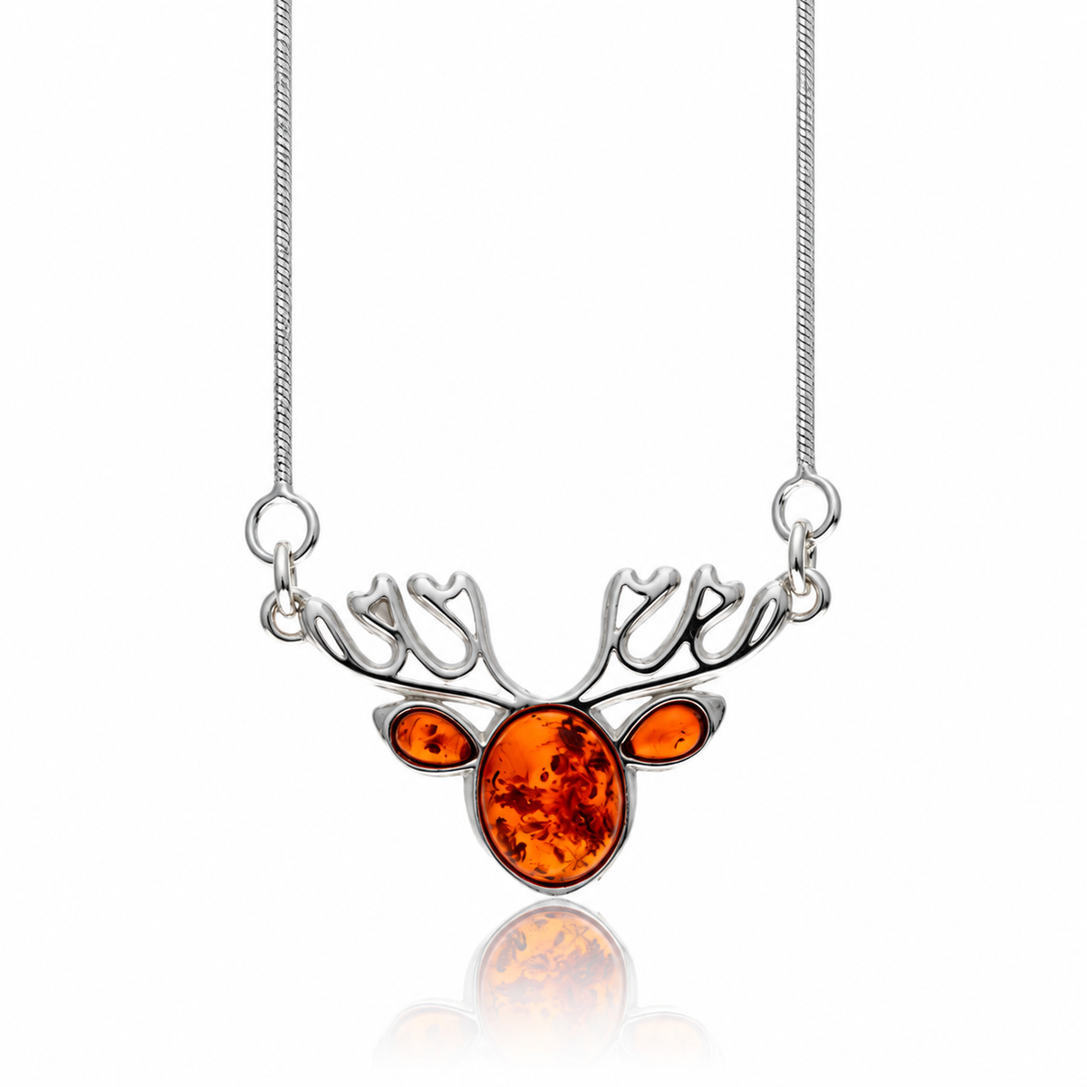 925 Sterling Silver & Genuine Baltic Amber Winter Reindeer Necklace - AB900
