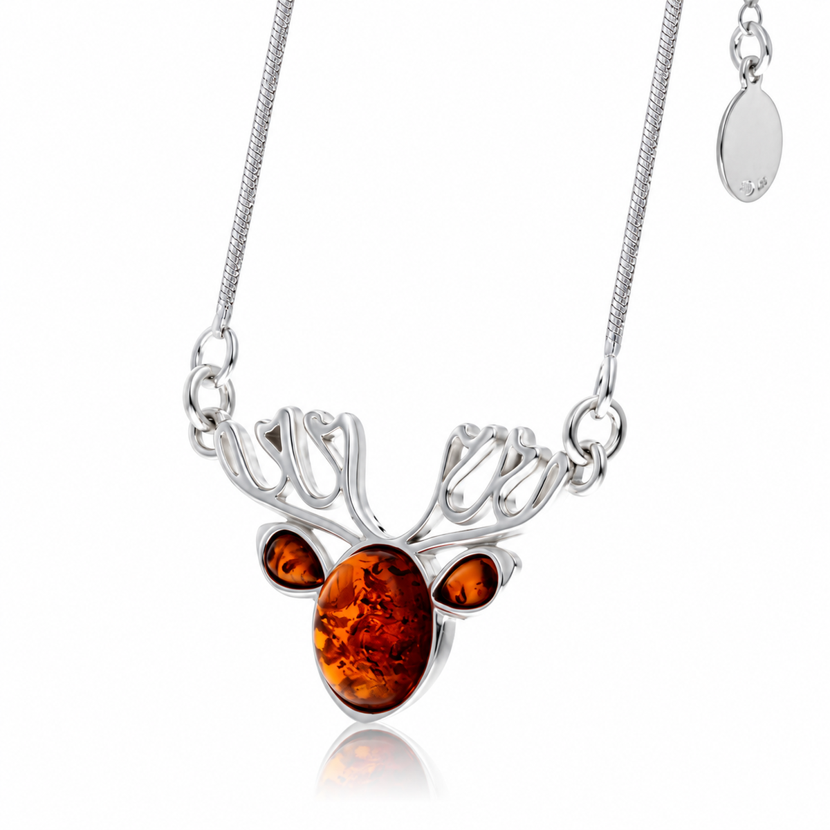 925 Sterling Silver & Genuine Baltic Amber Winter Reindeer Necklace - AB900