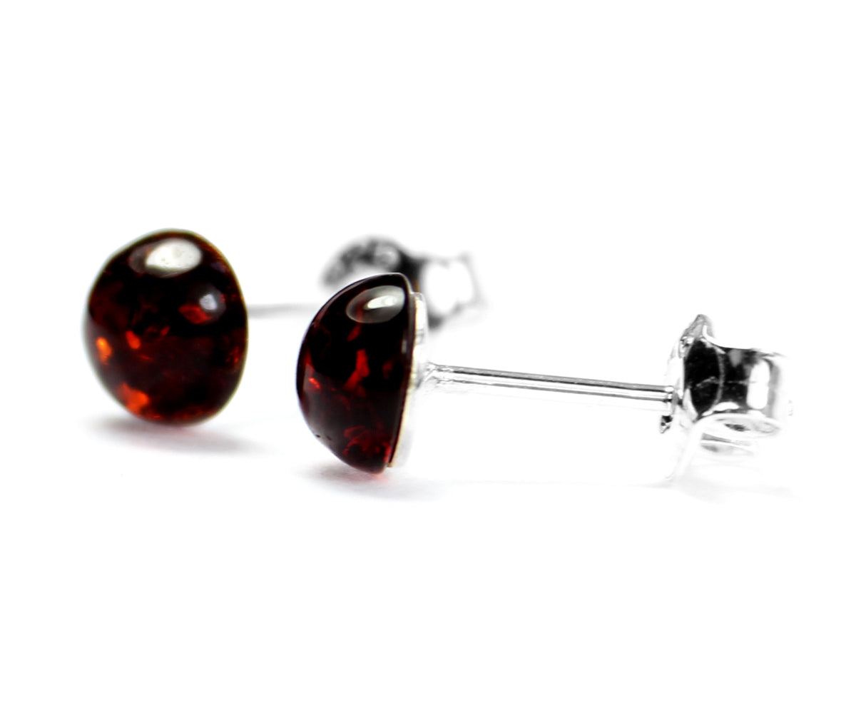 925 Sterling Silver & Genuine Baltic Amber Classic Round Studs Earrings - AC016