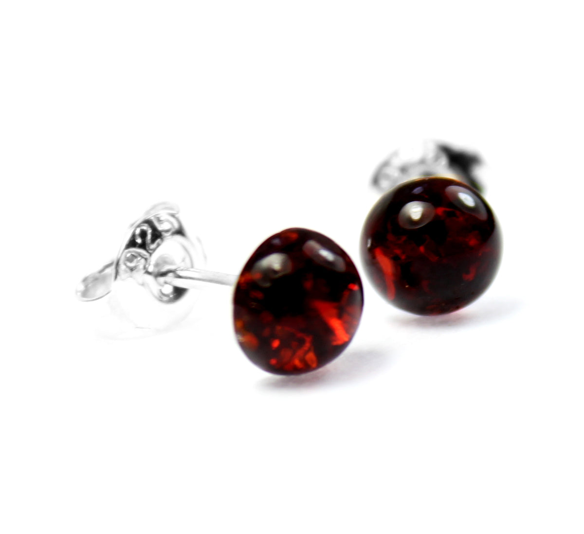 925 Sterling Silver & Genuine Baltic Amber Classic Round Studs Earrings - AC016