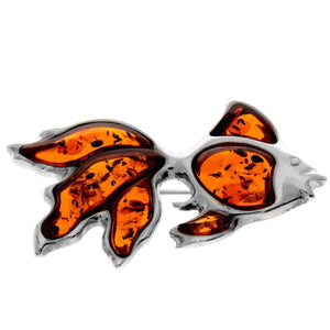 925 Sterling Silver & Genuine Baltic Amber Exclusive Fish Brooch - AD803