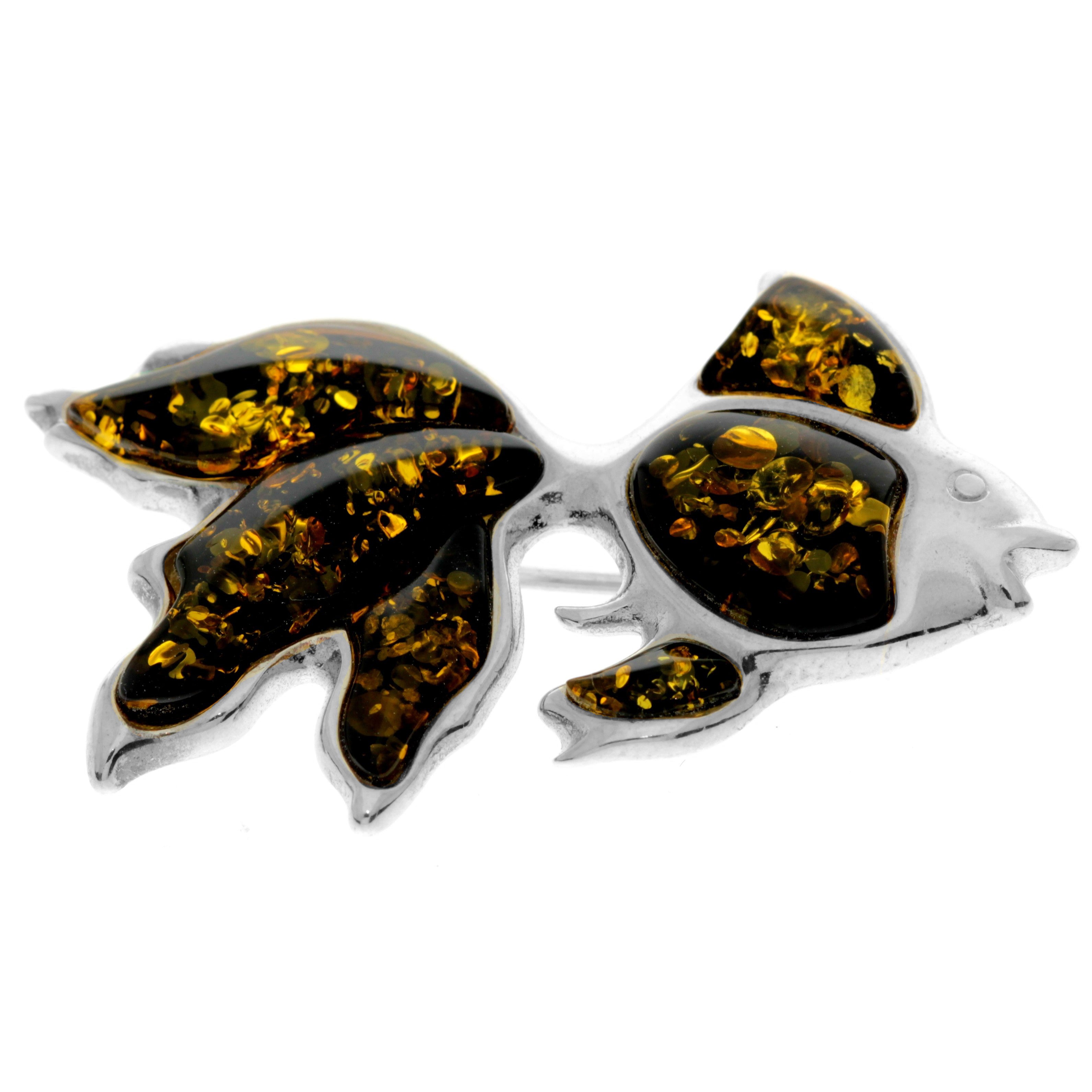 925 Sterling Silver & Genuine Baltic Amber Exclusive Fish Brooch - AD803