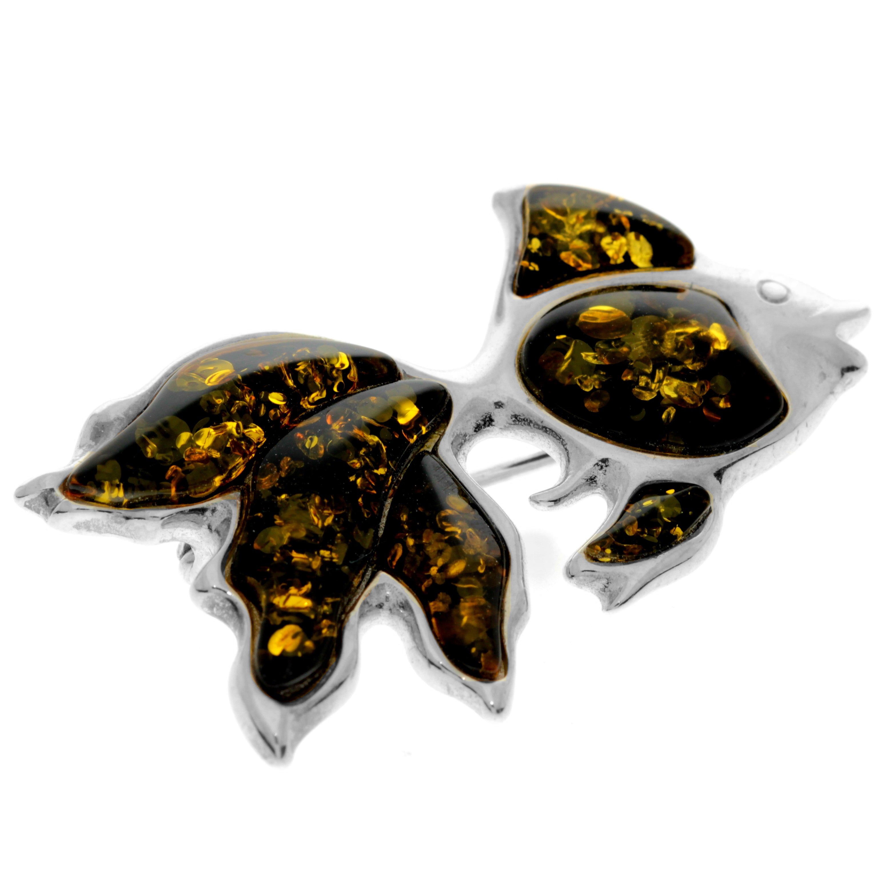 925 Sterling Silver & Genuine Baltic Amber Exclusive Fish Brooch - AD803