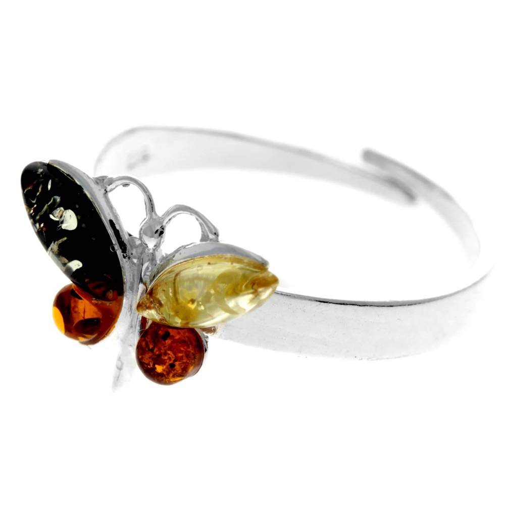 925 Sterling Silver & Genuine Baltic Amber Butterfly Adjustable Ring - AR15