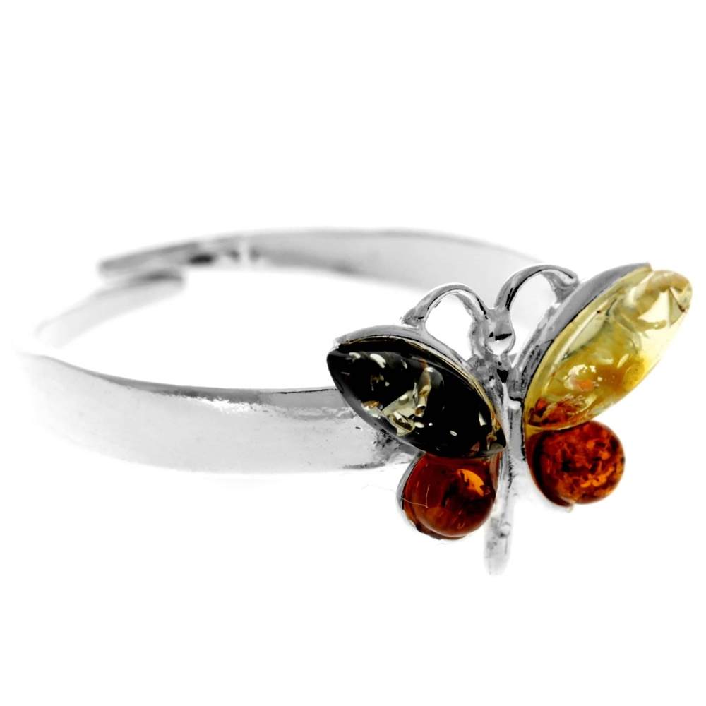 925 Sterling Silver & Genuine Baltic Amber Butterfly Adjustable Ring - AR15