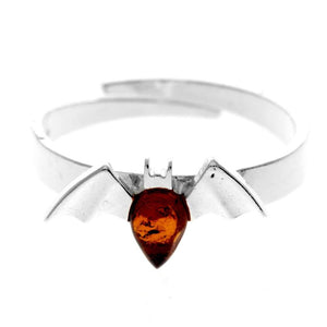 925 Sterling Silver & Genuine Baltic Amber Bat Adjustable Ring - AR16