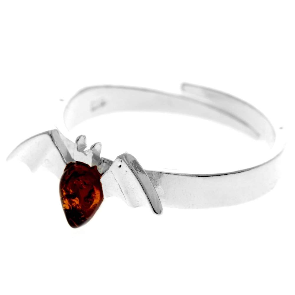 925 Sterling Silver & Genuine Baltic Amber Bat Adjustable Ring - AR16