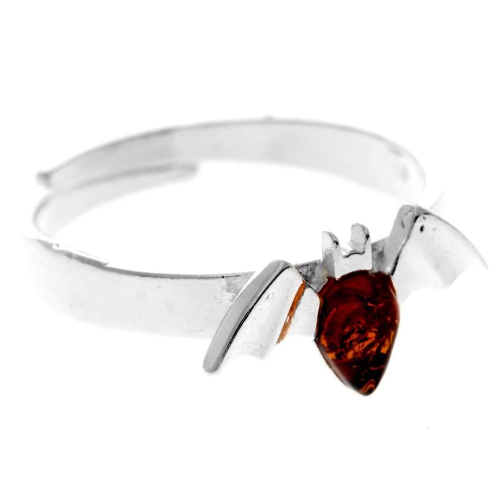 925 Sterling Silver & Genuine Baltic Amber Bat Adjustable Ring - AR16