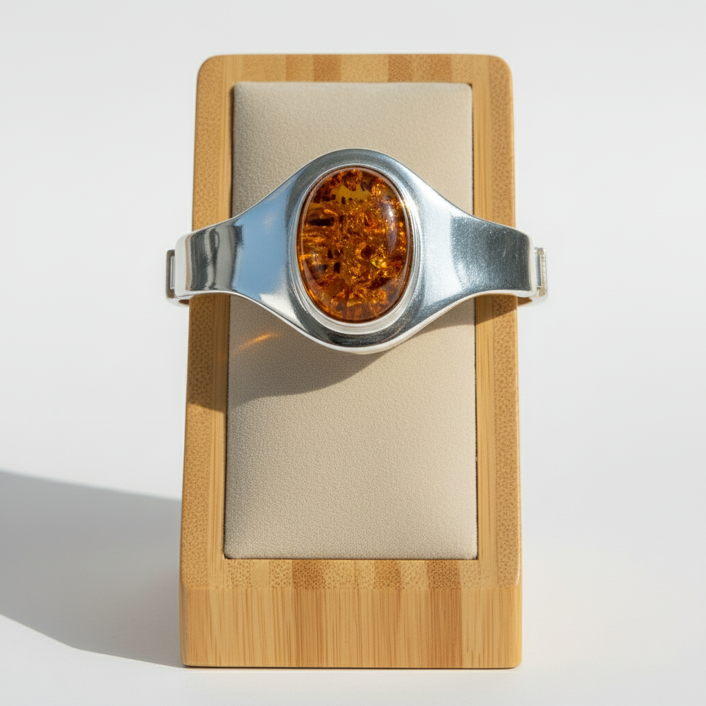 925 Sterling Silver & Genuine Cognac Baltic Amber Exclusive Bangle - BL0245
