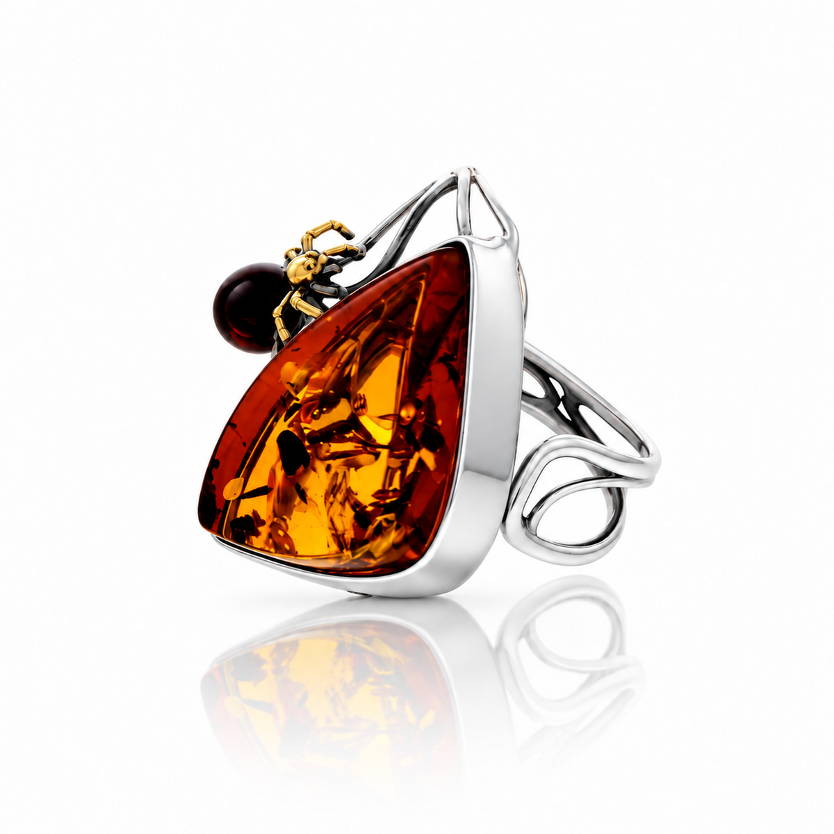 Unique one-of-a-kind 925 Sterling Silver & Genuine Baltic Amber Spider Adjustable Ring - BRG001