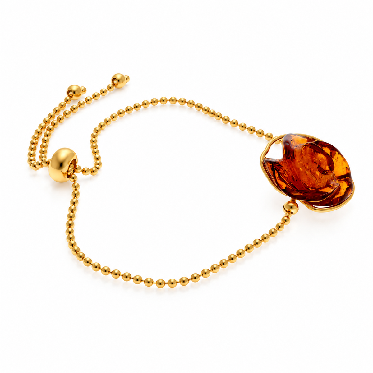 925 Sterling Silver & Genuine Baltic Amber Hand-Carved Rose Adjustable Bracelet - BRG500C