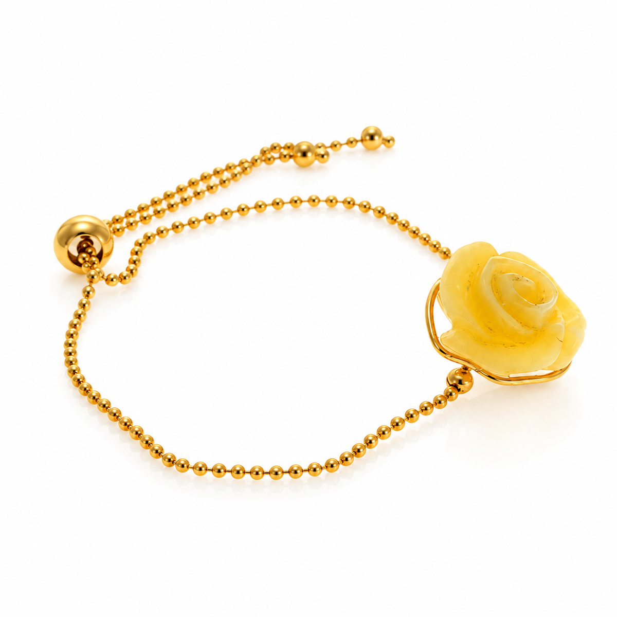 925 Sterling Silver & Genuine Baltic Amber Hand-Carved Rose Adjustable Bracelet - BRG500L