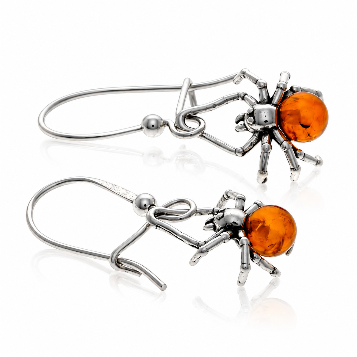 925 Sterling Silver & Genuine Baltic Amber Spider on Amber Ball Dangle Earrings - BS001