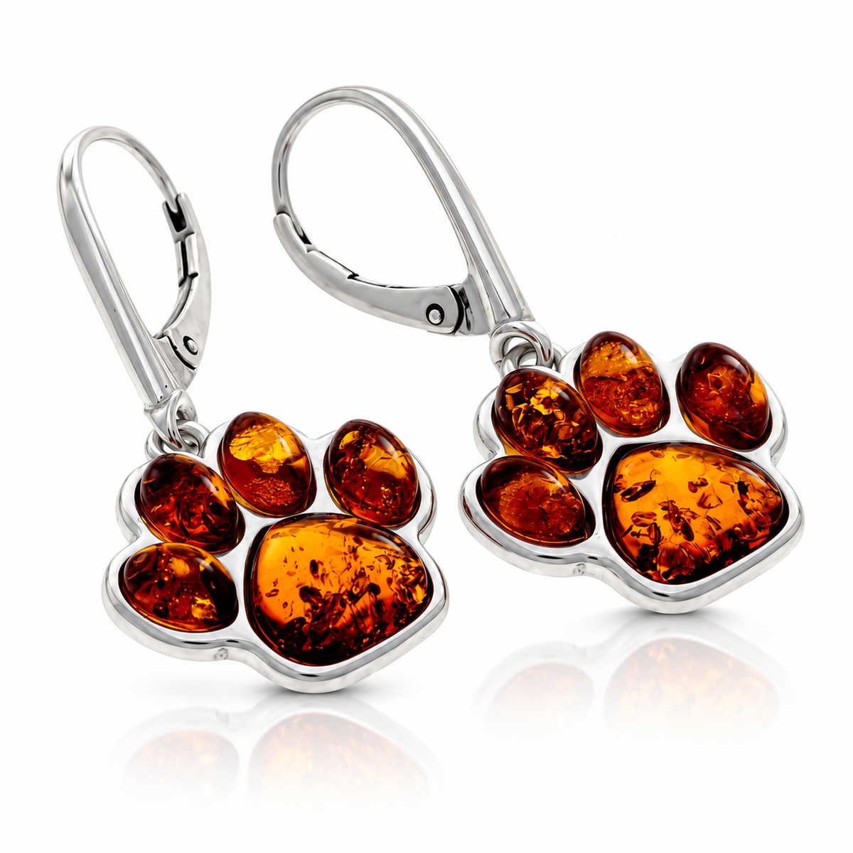 925 Sterling Silver & Genuine Baltic Amber Dog Paw Dangle Earrings - BS002
