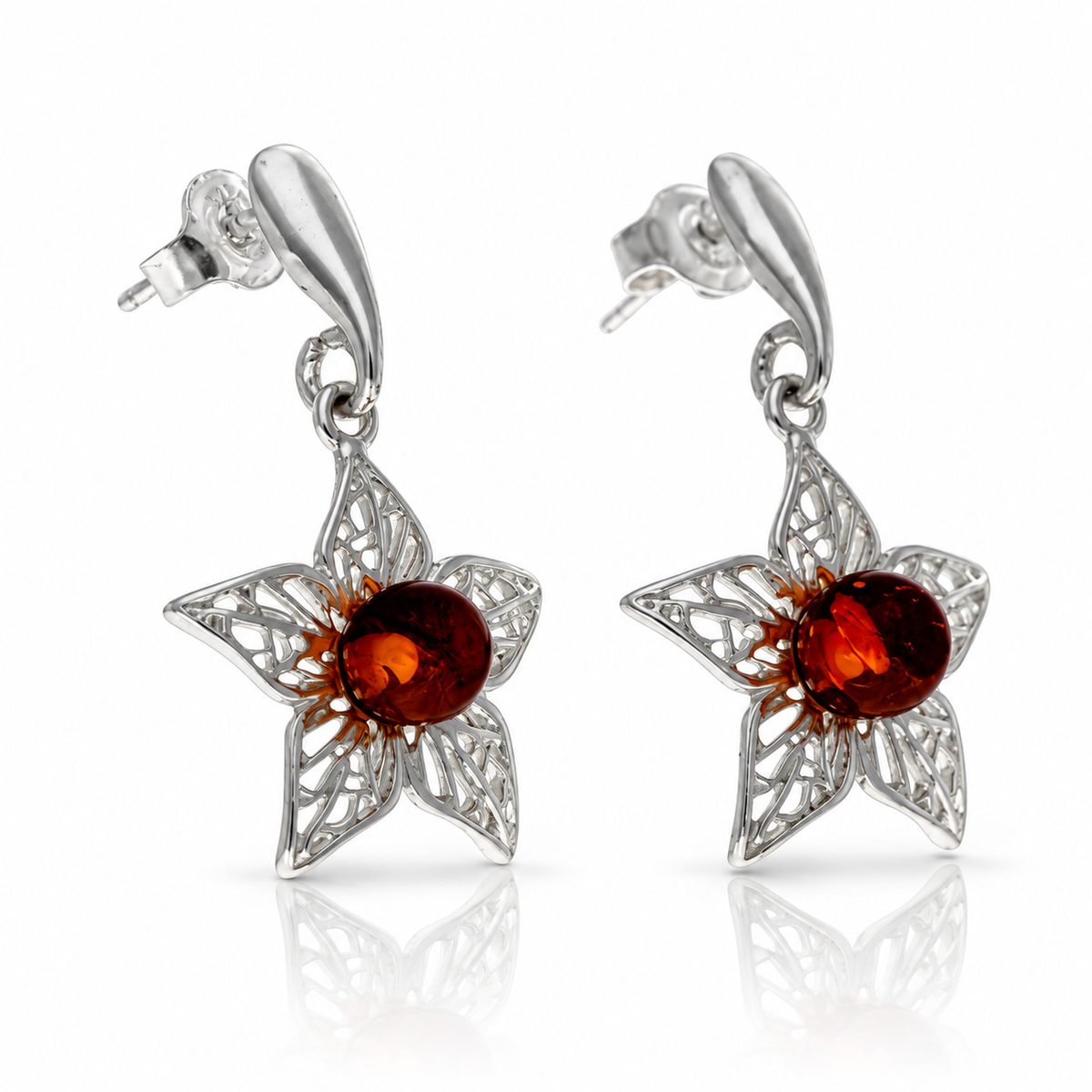 925 Sterling Silver & Genuine Baltic Amber Leaf Dangle Earrings - BS004