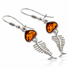 925 Sterling Silver & Genuine Baltic Amber Skeleton Fish Bone Dangle Earrings - BS005