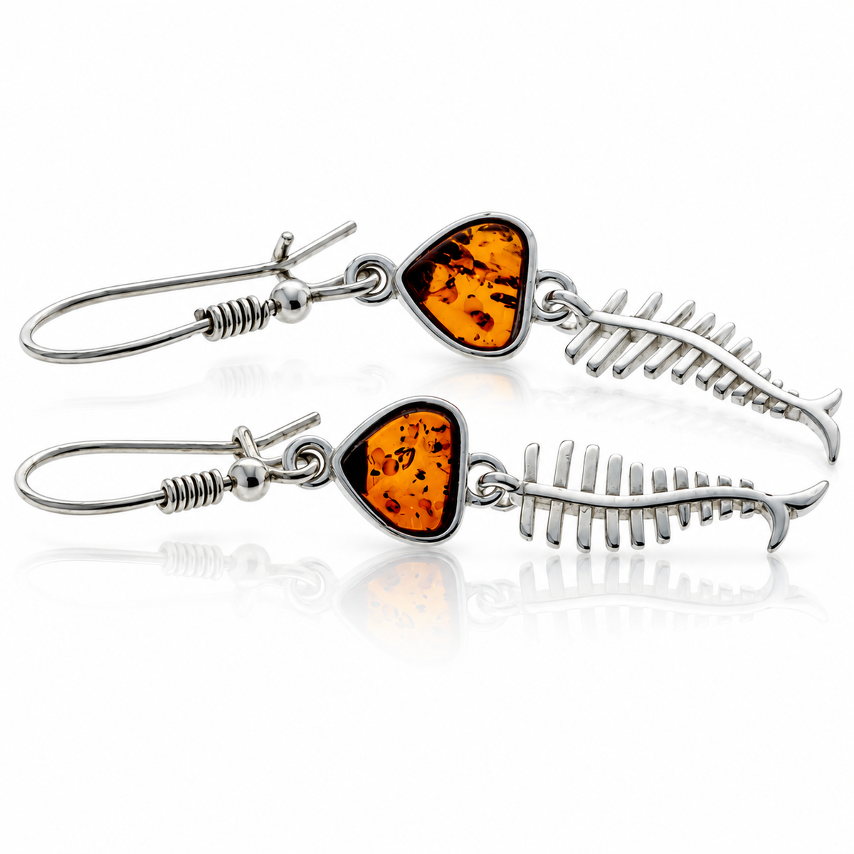 925 Sterling Silver & Genuine Baltic Amber Skeleton Fish Bone Dangle Earrings - BS005