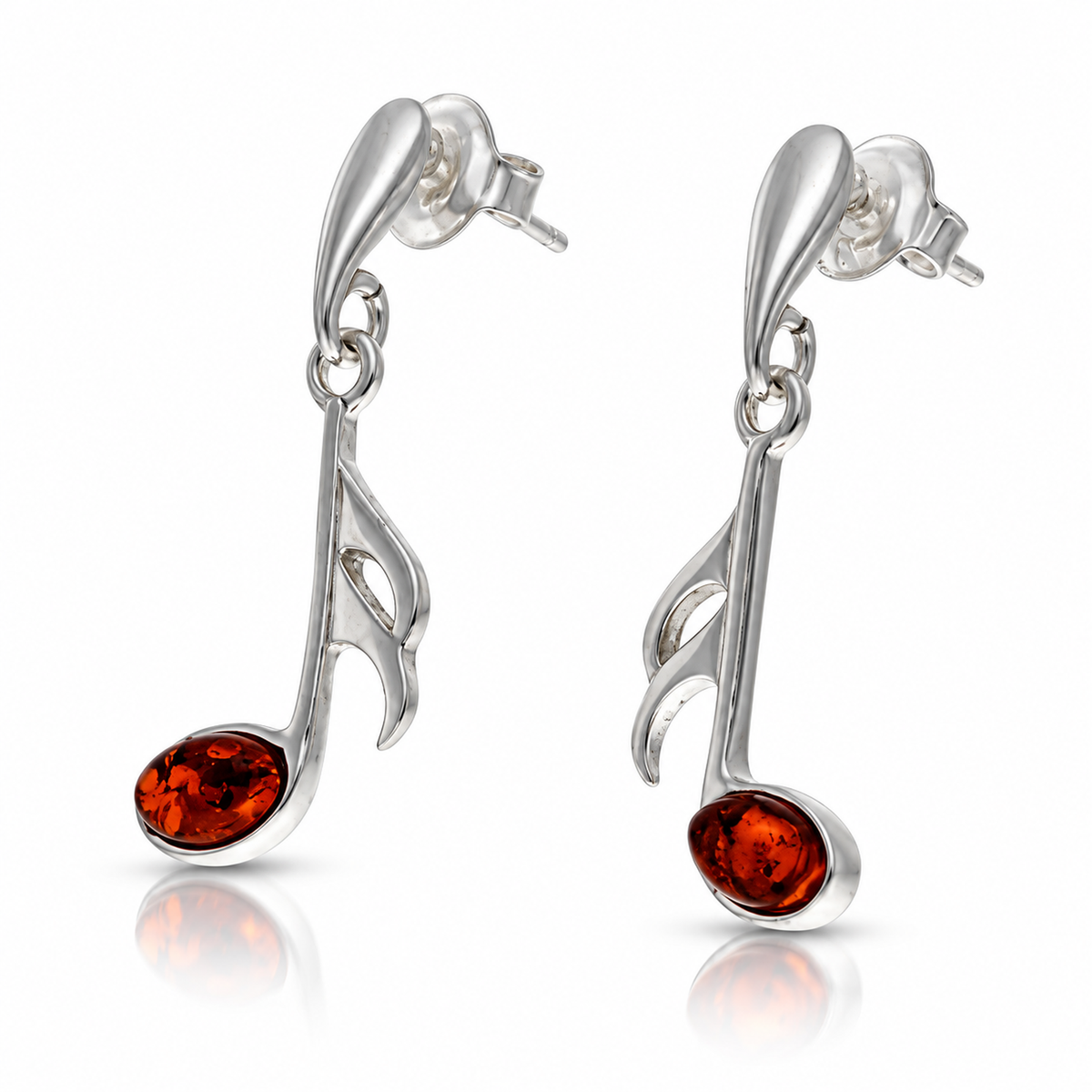 925 Sterling Silver & Genuine Baltic Amber Music Note Drop Earrings - BS006