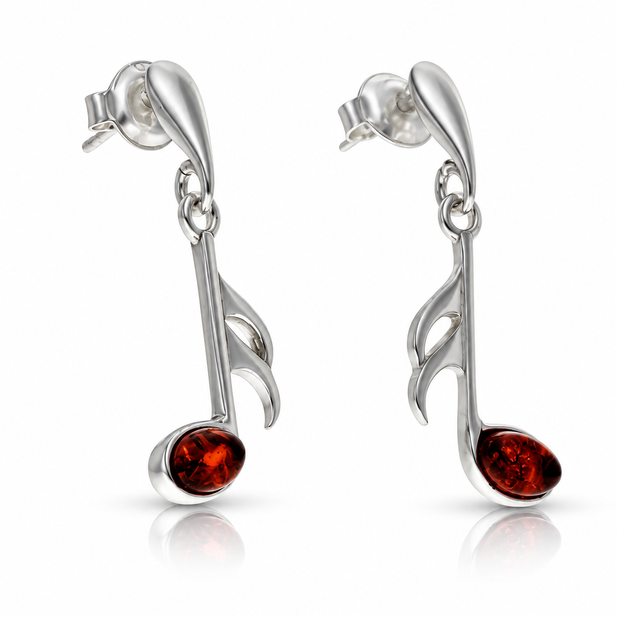 925 Sterling Silver & Genuine Baltic Amber Music Note Drop Earrings - BS006
