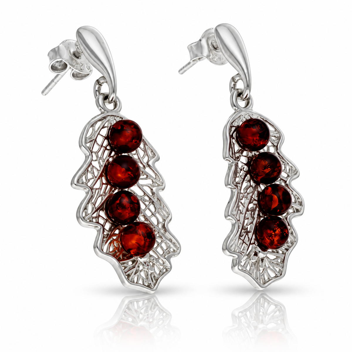 925 Sterling Silver & Genuine Baltic Amber Autumn Leaf Drop Earrings - BS009