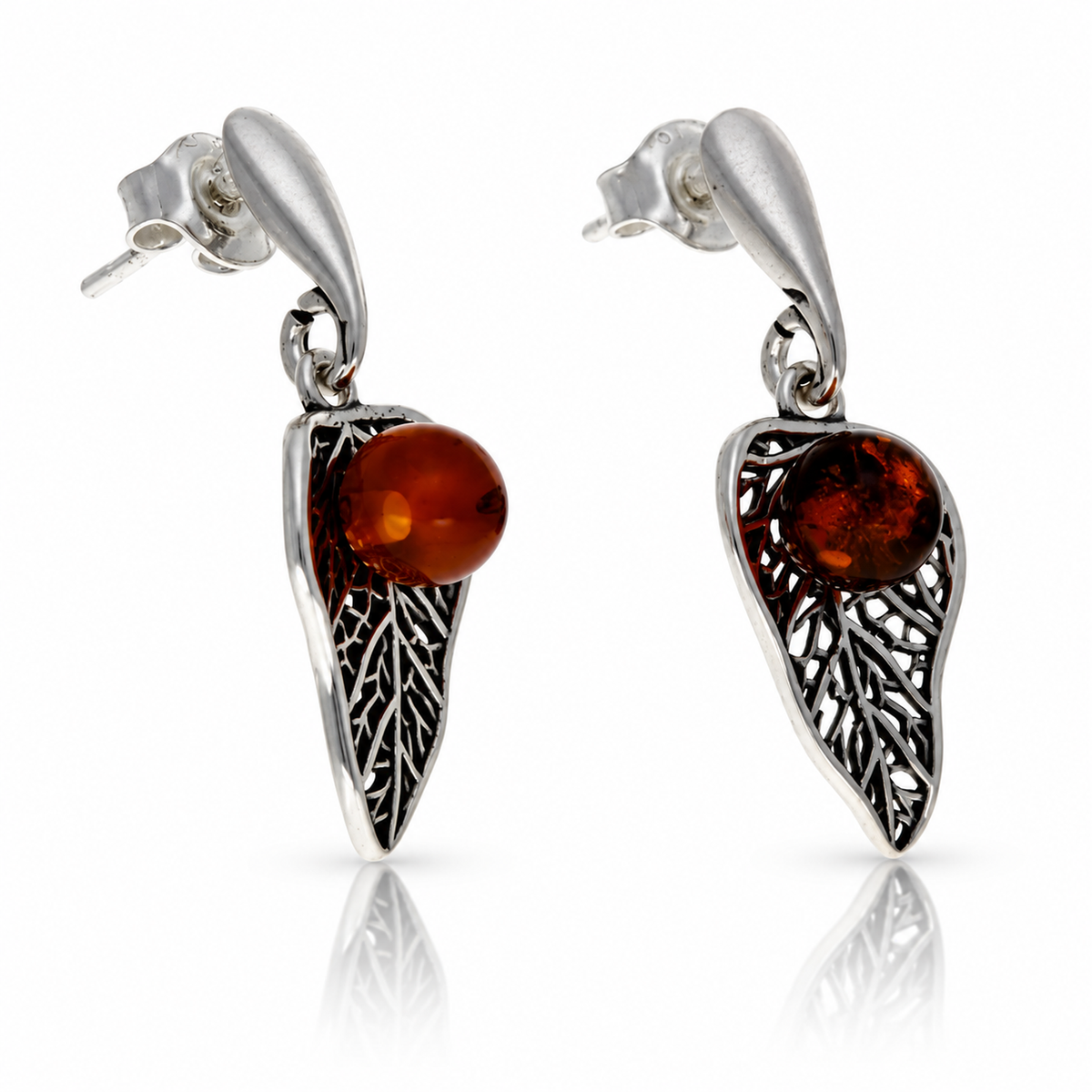 925 Sterling Silver & Genuine Baltic Amber Autumn Leaf Drop Earrings - BS010