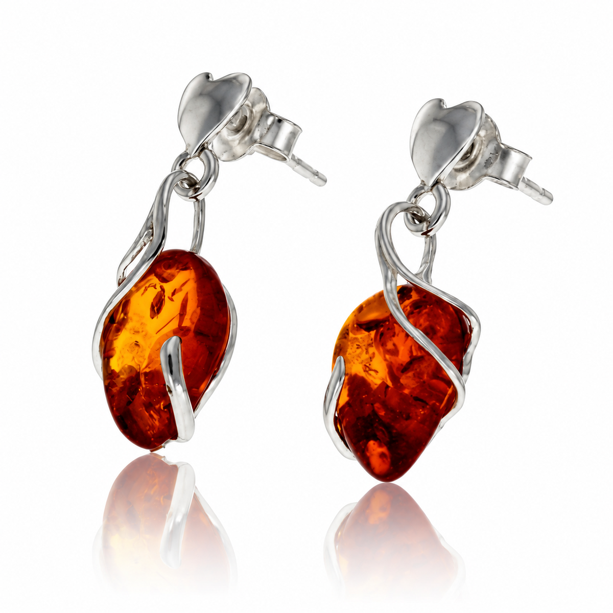 925 Sterling Silver & Genuine Baltic Amber Teardrop Drop Earrings - BS011