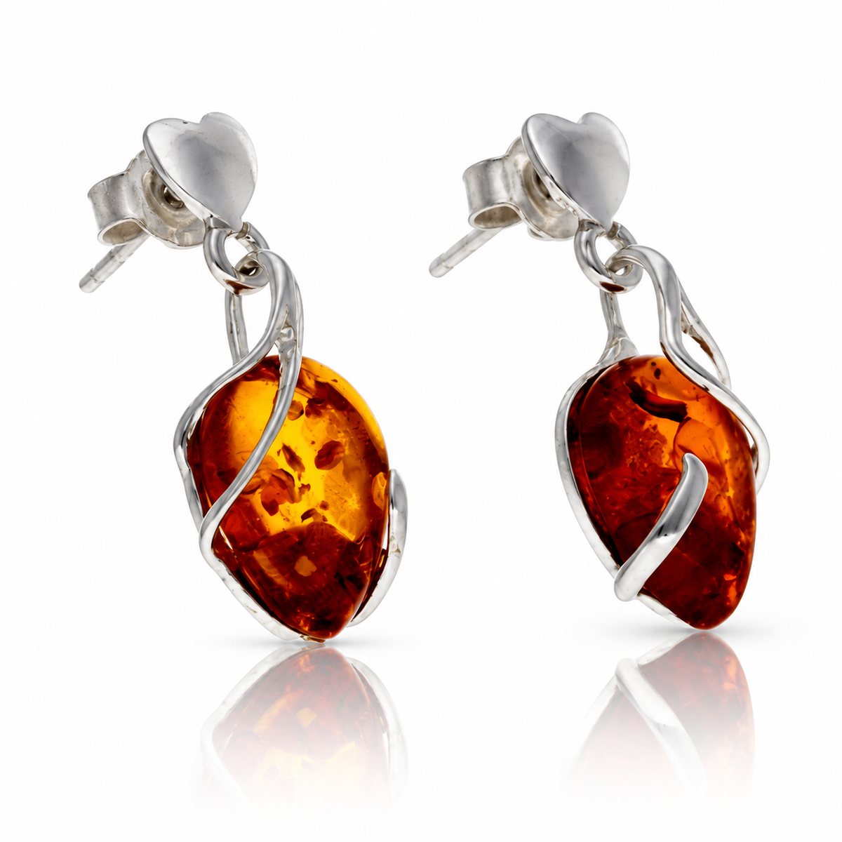 925 Sterling Silver & Genuine Baltic Amber Teardrop Drop Earrings - BS011