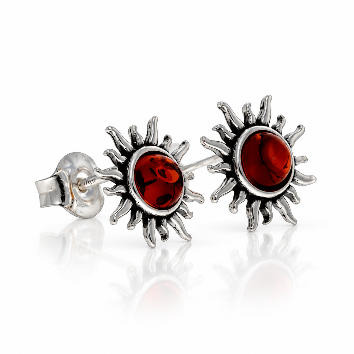 925 Sterling Silver & Genuine Baltic Amber Little Sun / Stars Earrings Stud Earrings - BS013
