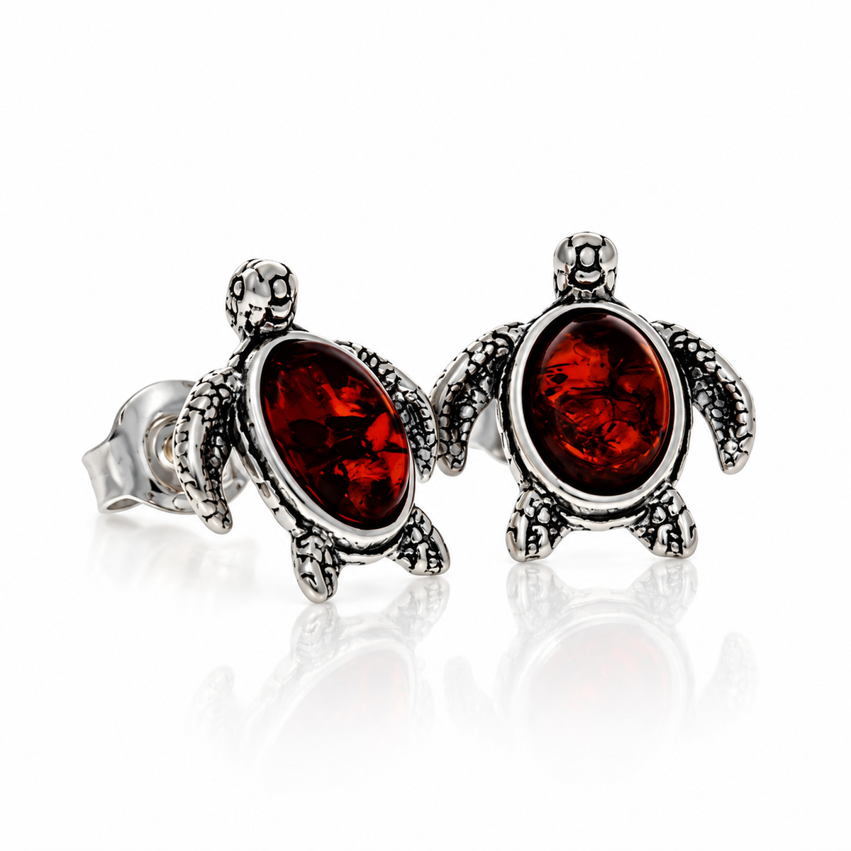925 Sterling Silver & Genuine Baltic Amber Turtle Stud Earrings - BS014
