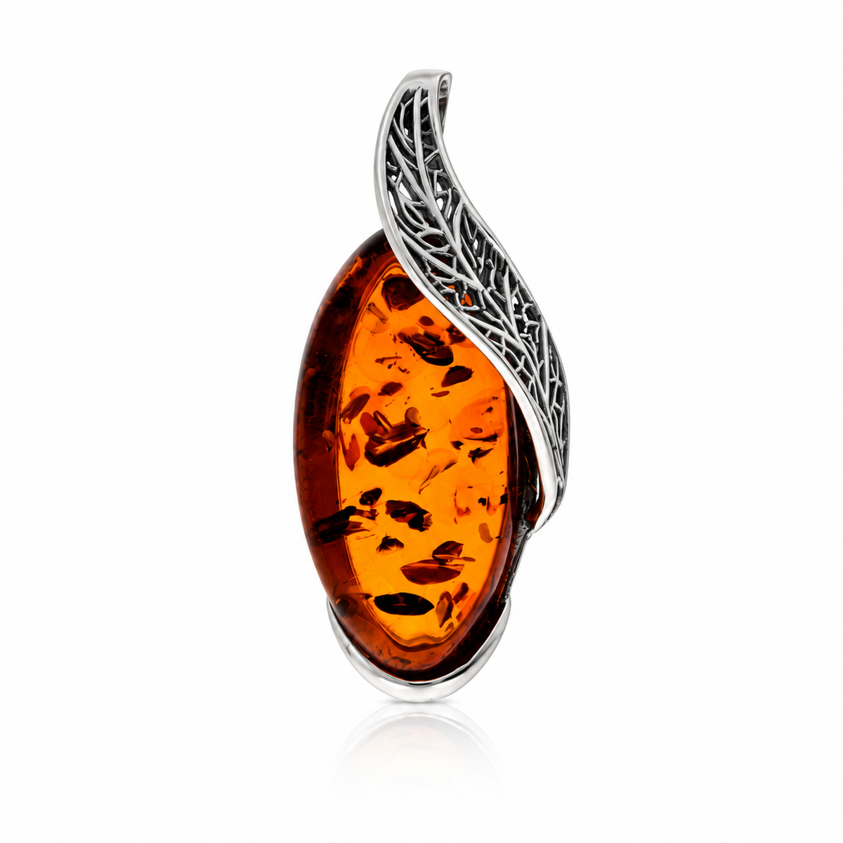 925 Sterling Silver & Genuine Baltic Amber Openwork Leaf Pendant - BS205