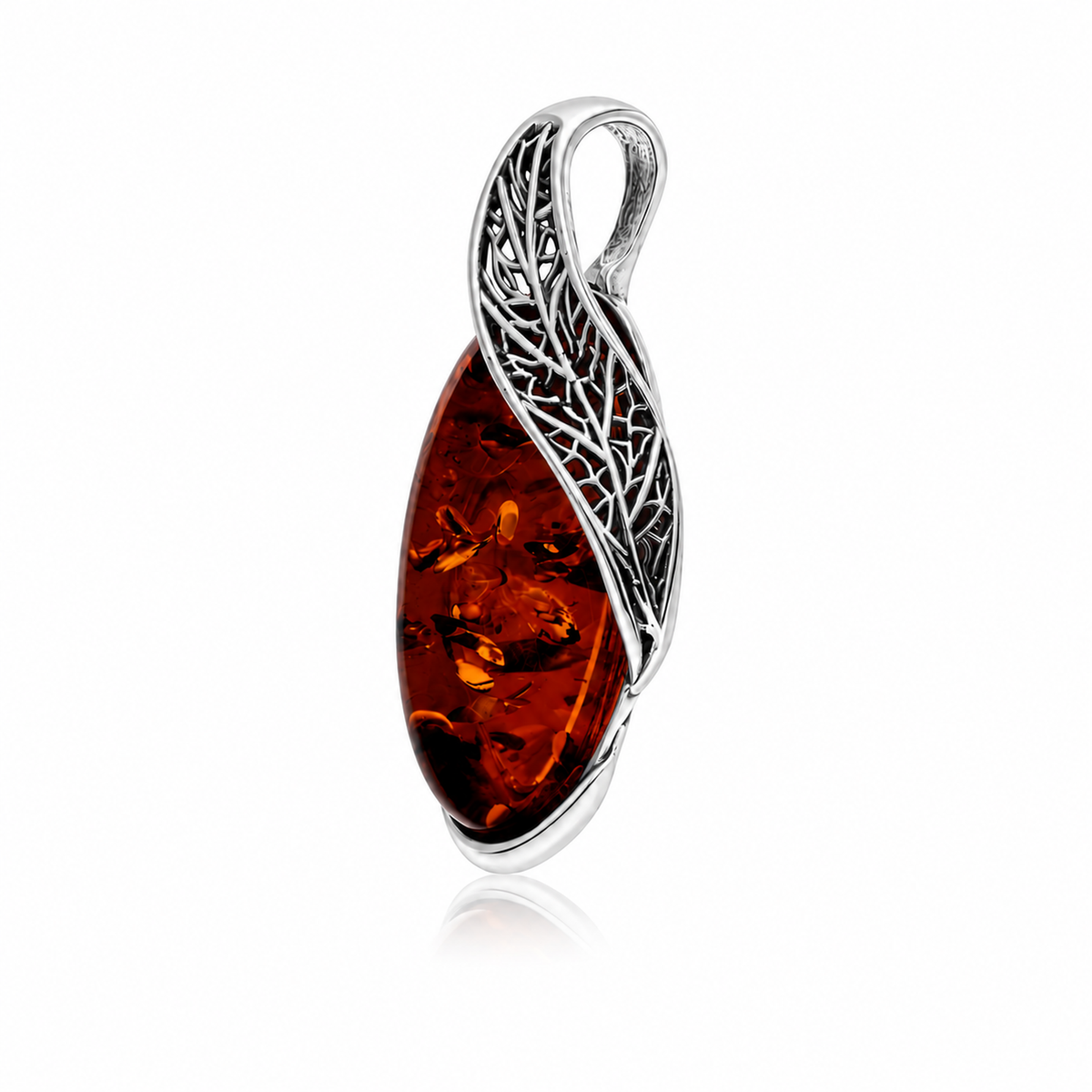 925 Sterling Silver & Genuine Baltic Amber Openwork Leaf Pendant - BS205