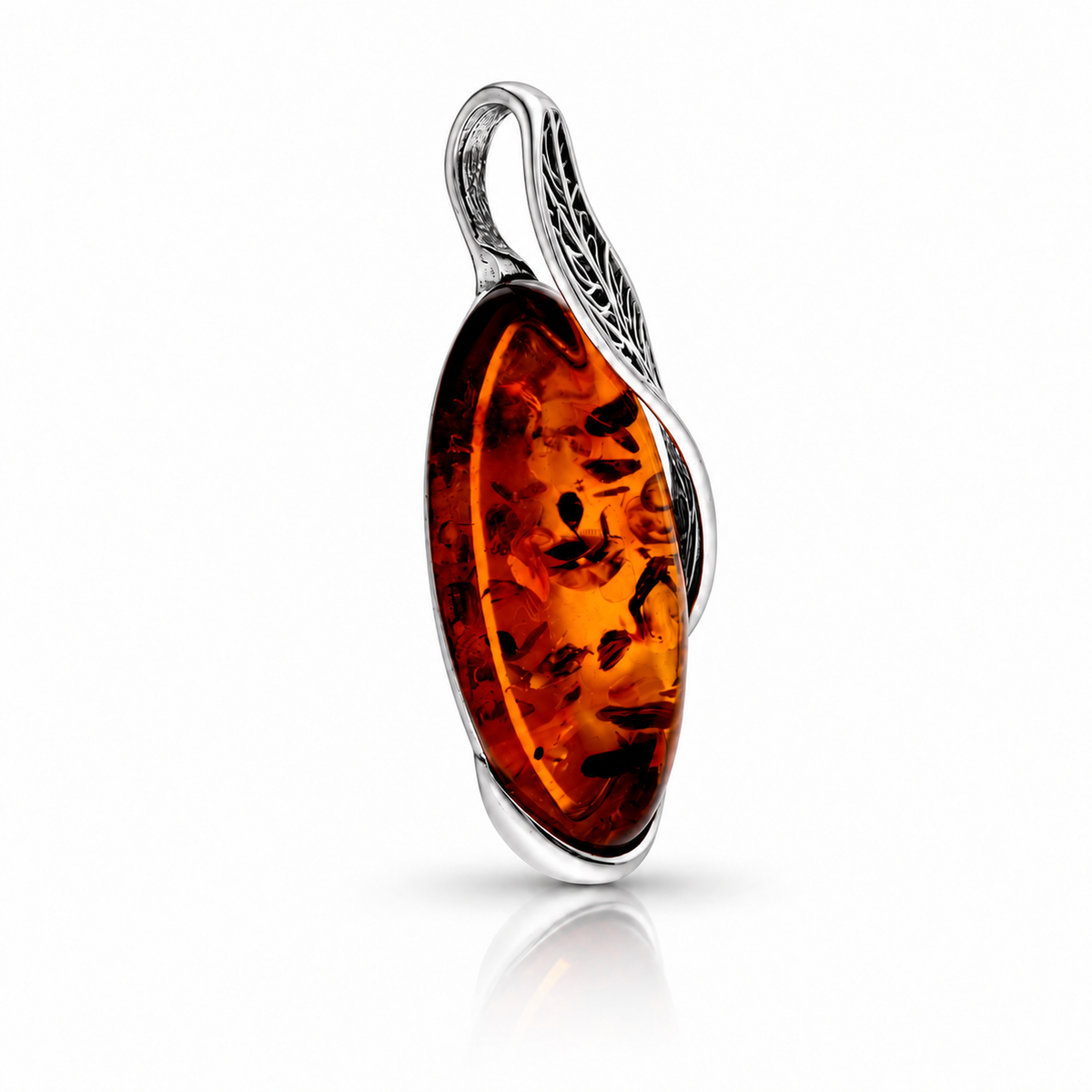 925 Sterling Silver & Genuine Baltic Amber Openwork Leaf Pendant - BS205