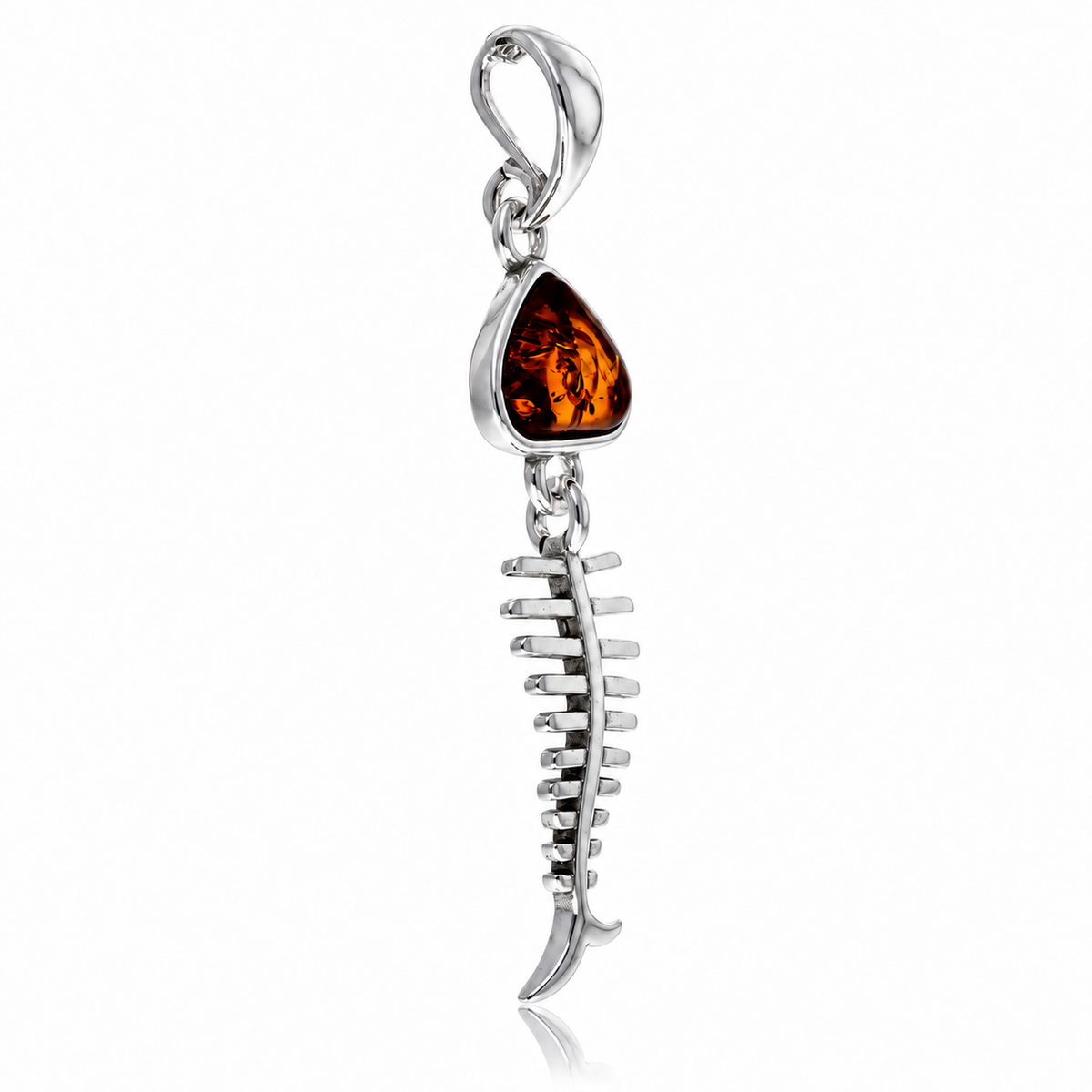 925 Sterling Silver & Genuine Baltic Amber Skeleton Fish Bone Pendant - BS208