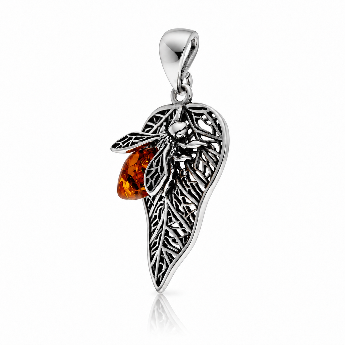 925 Sterling Silver & Genuine Baltic Amber Autumn Leaf Pendant - BS212