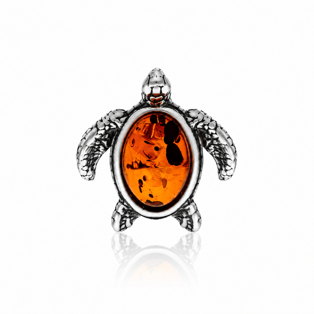925 Sterling Silver & Genuine Baltic Amber Turtle Pendant - BS214