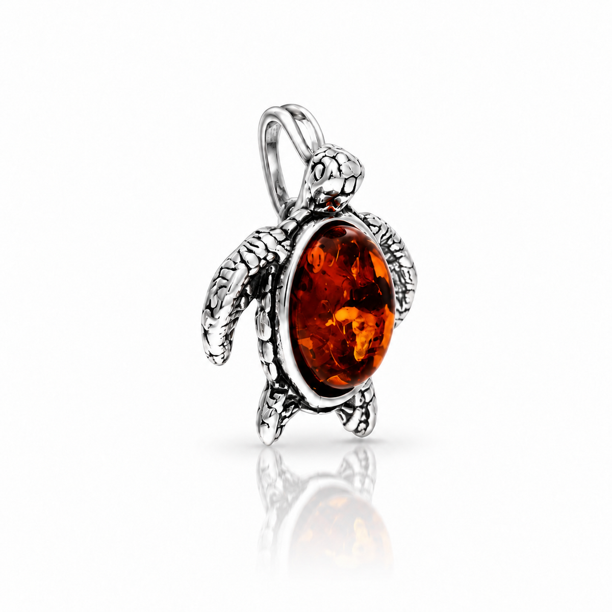 925 Sterling Silver & Genuine Baltic Amber Turtle Pendant - BS214