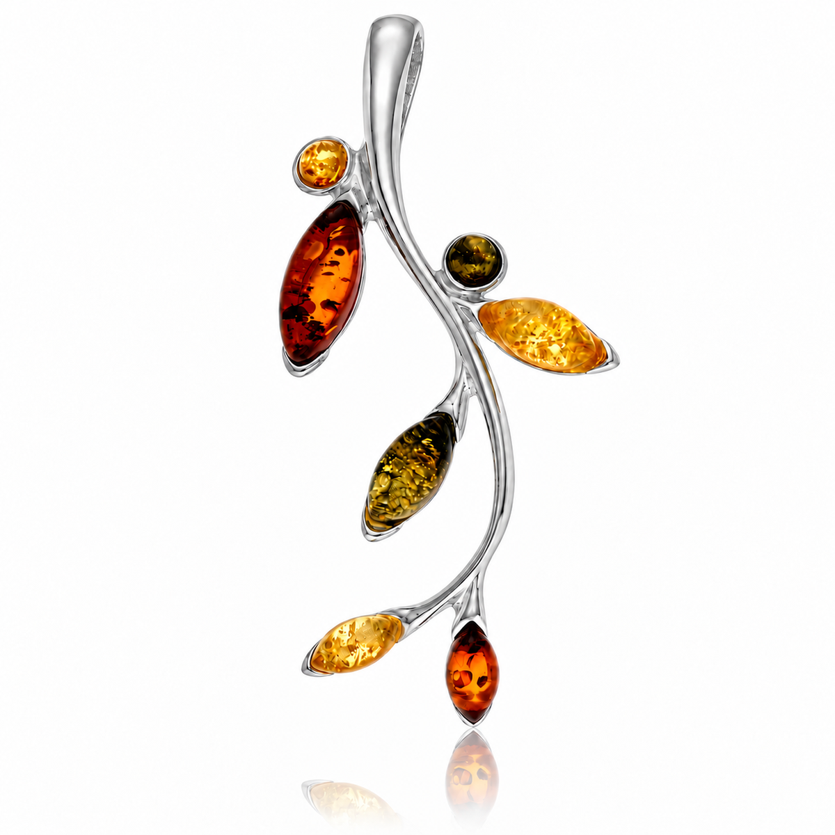 925 Sterling Silver & Genuine Baltic Amber Branch and Leaves Pendant - BS216