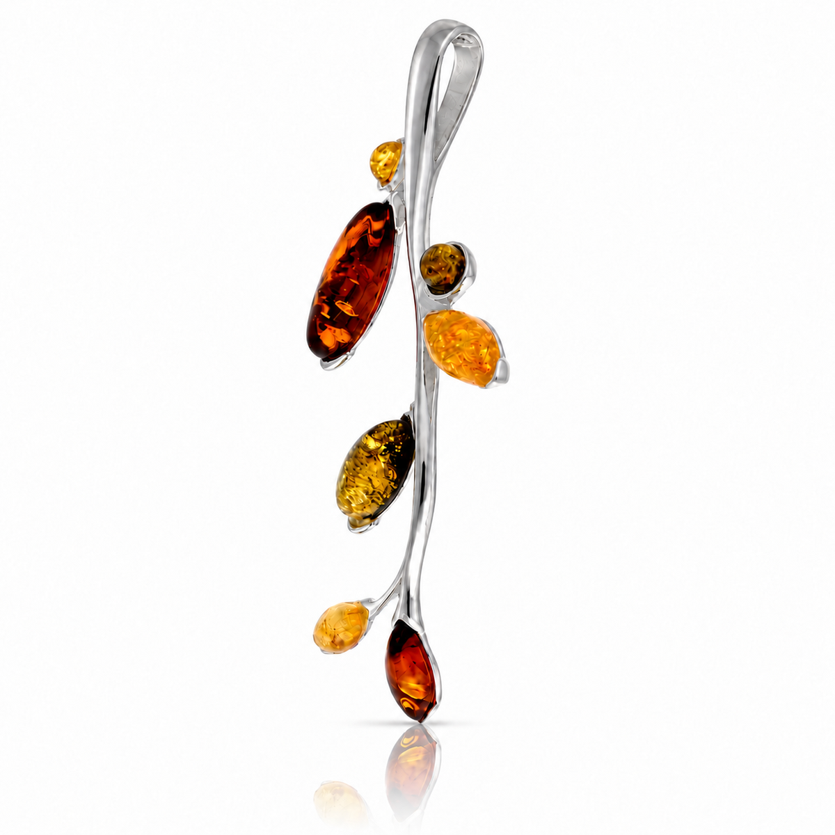 925 Sterling Silver & Genuine Baltic Amber Branch and Leaves Pendant - BS216