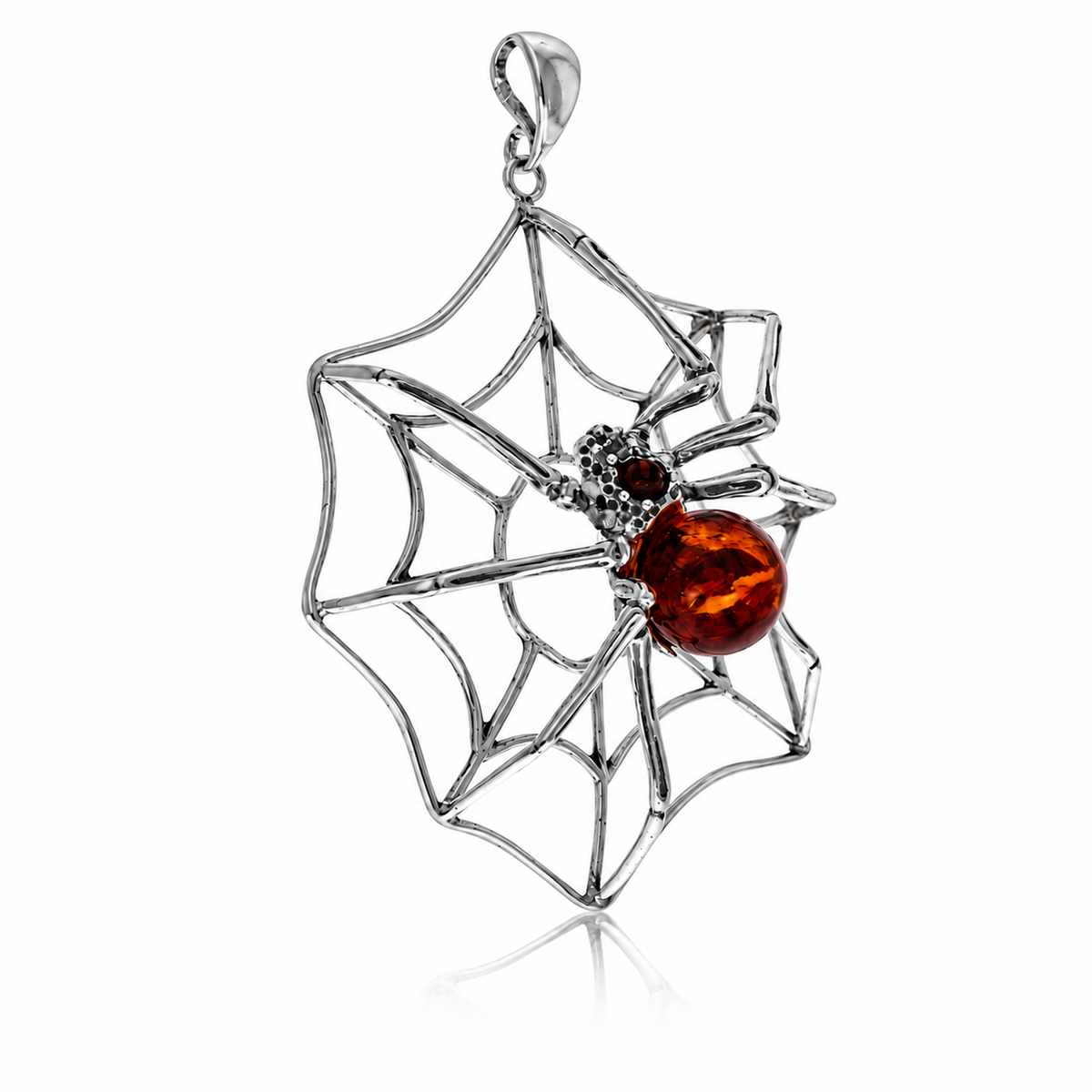 925 Sterling Silver & Genuine Baltic Amber Spider on the Web Pendant - BS218