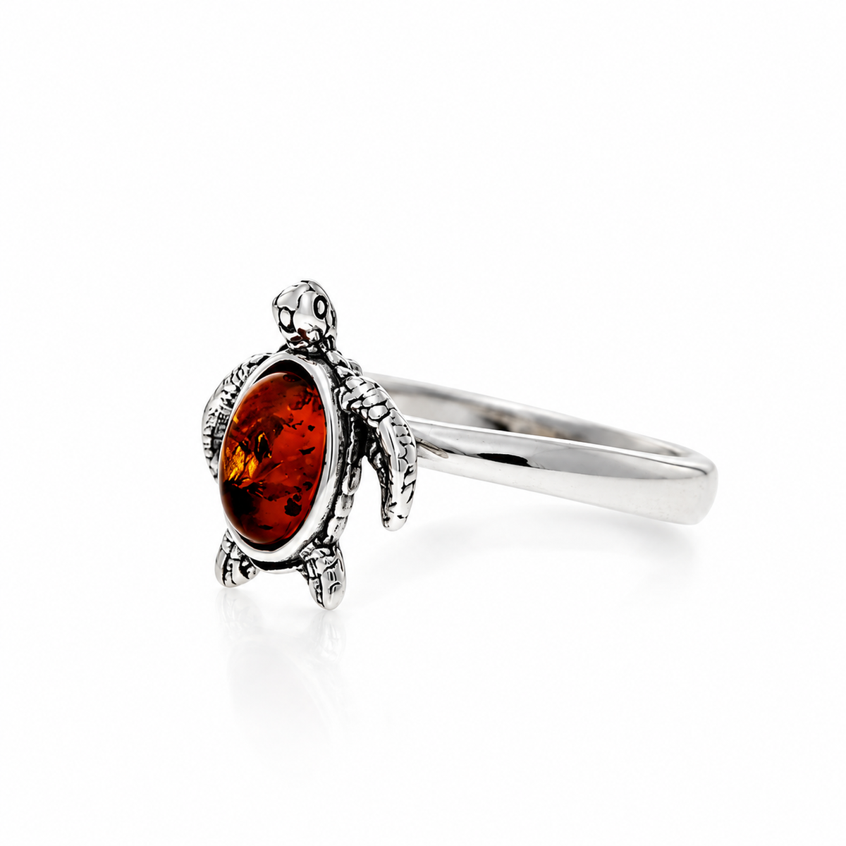925 Sterling Silver & Genuine Baltic Amber Turtle Adjustable Ring - BS400