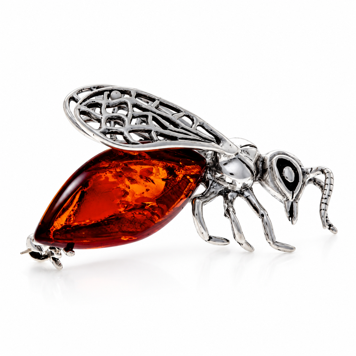 925 Sterling Silver & Genuine Baltic Amber Large Amber Bee Brooch - BS800