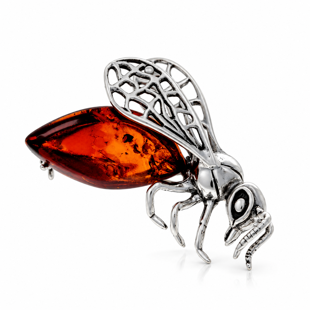 925 Sterling Silver & Genuine Baltic Amber Large Amber Bee Brooch - BS800