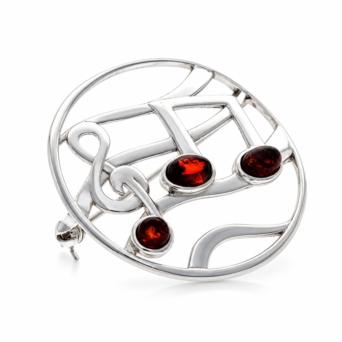 925 Sterling Silver & Genuine Baltic Amber Musical Symbols Brooch - BS801