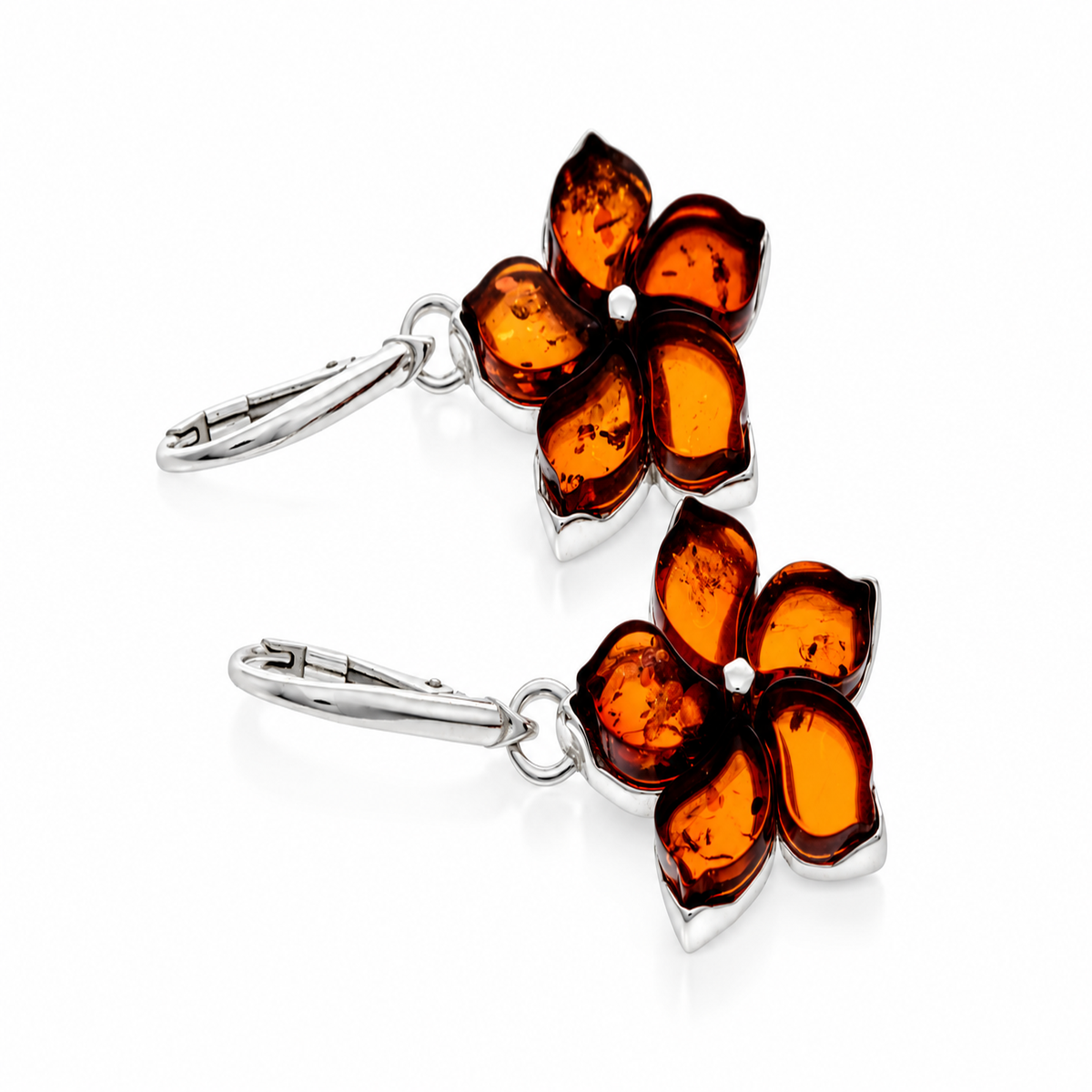925 Sterling Silver & Genuine Baltic Amber Five-Petal Flower Dangle Earrings - BT004