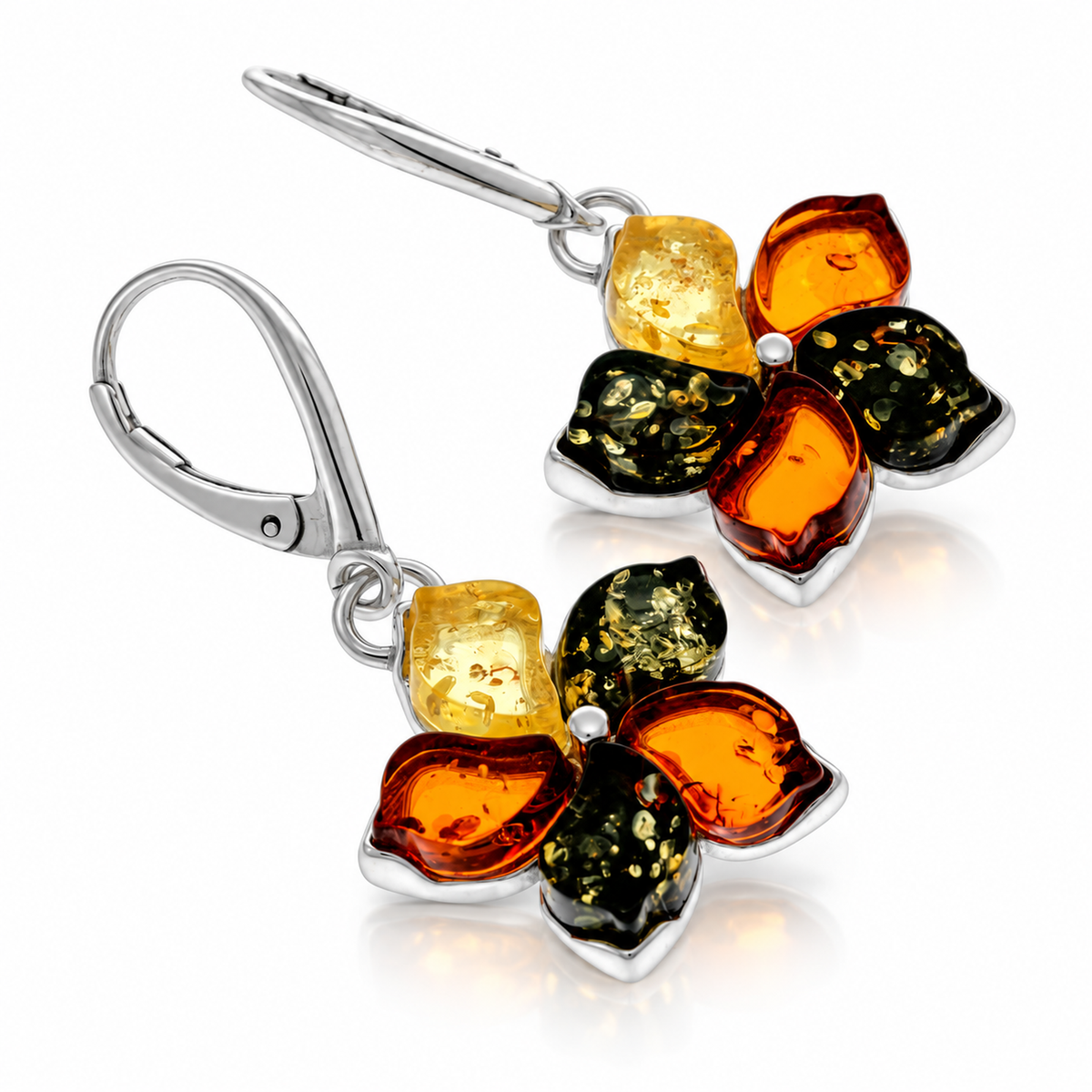 925 Sterling Silver & Genuine Baltic Amber Five-Petal Flower Dangle Earrings - BT004