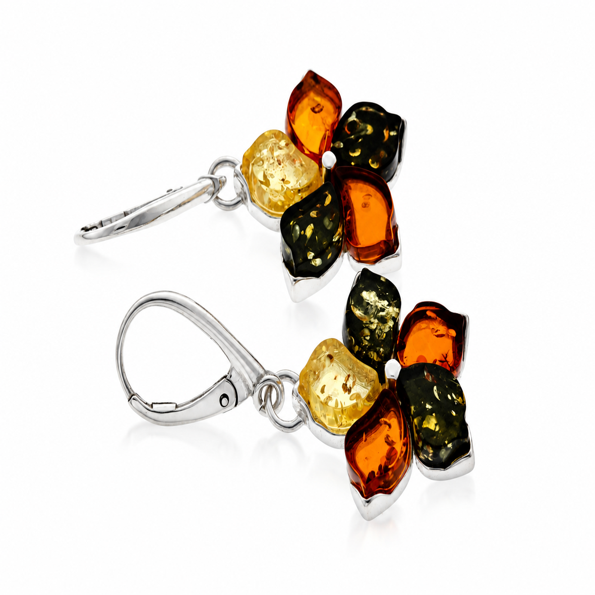 925 Sterling Silver & Genuine Baltic Amber Five-Petal Flower Dangle Earrings - BT004