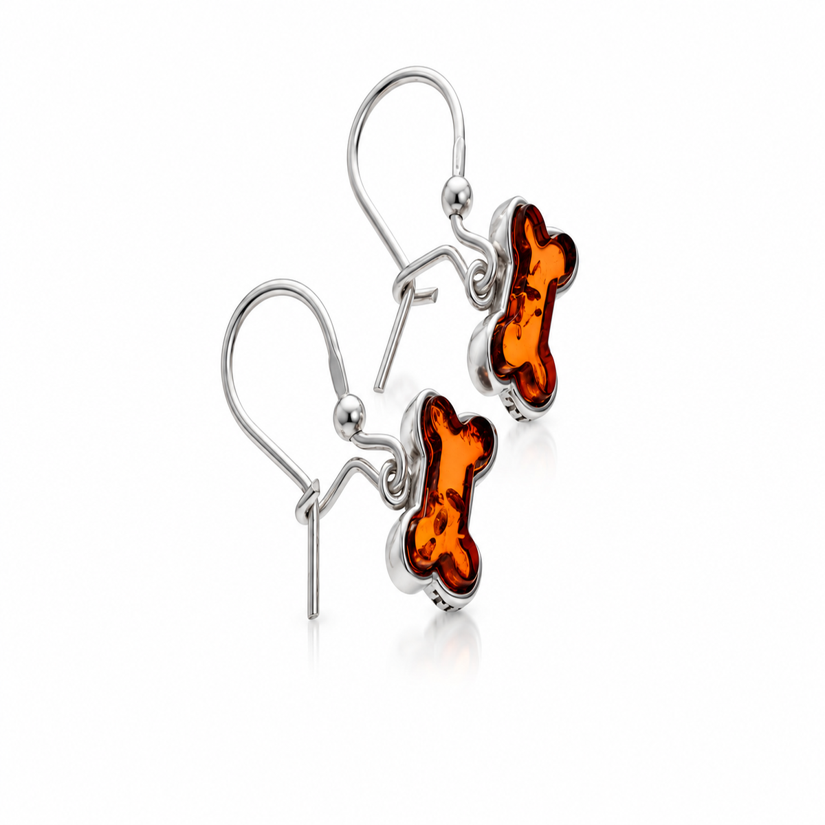 925 Sterling Silver & Genuine Baltic Amber Dog Bone Dangle Earrings - BT005