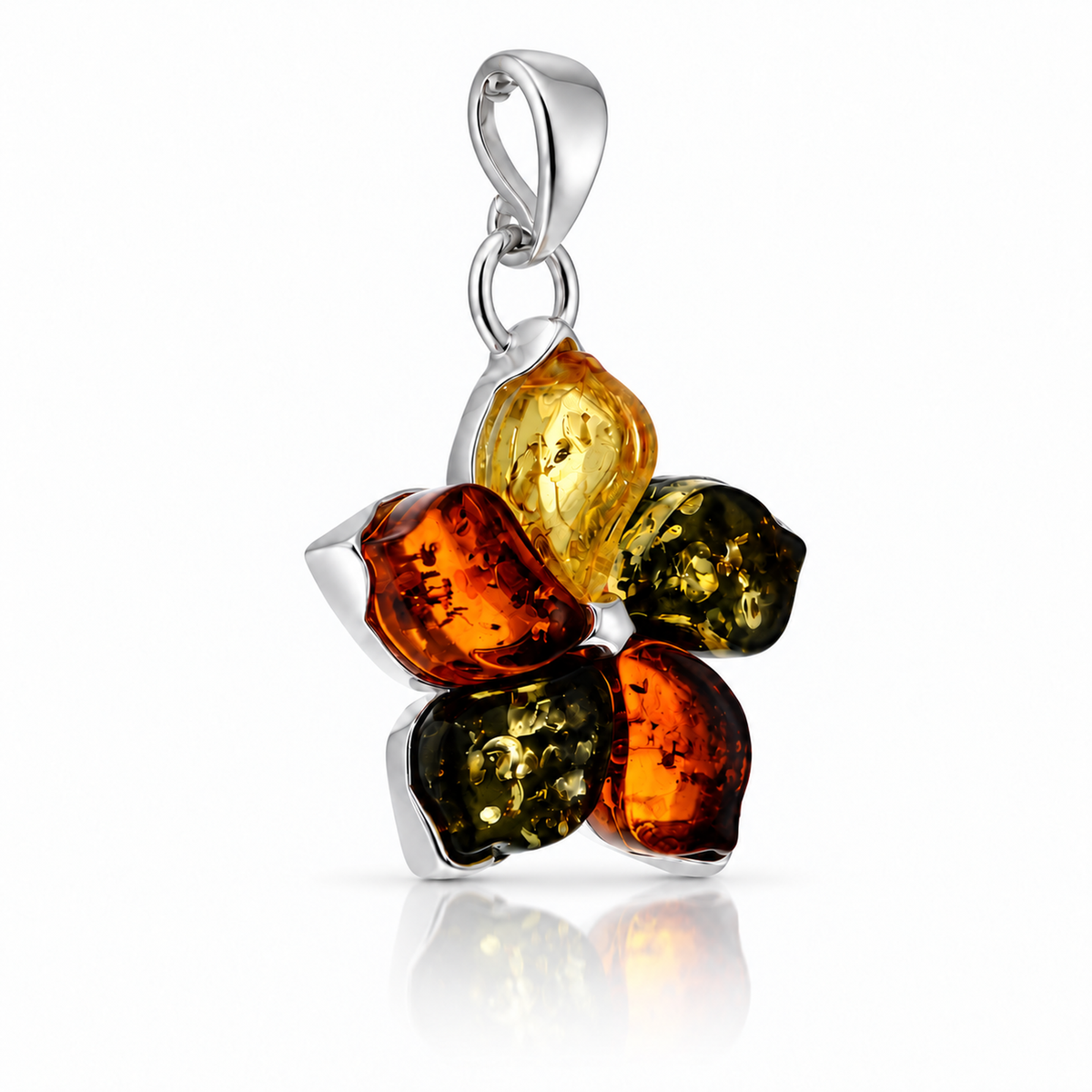 925 Sterling Silver & Genuine Baltic Amber Five-Petal Flower Pendant - BT204