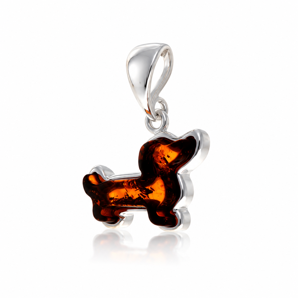925 Sterling Silver & Genuine Baltic Amber Sausage Dog Pendant - BT205