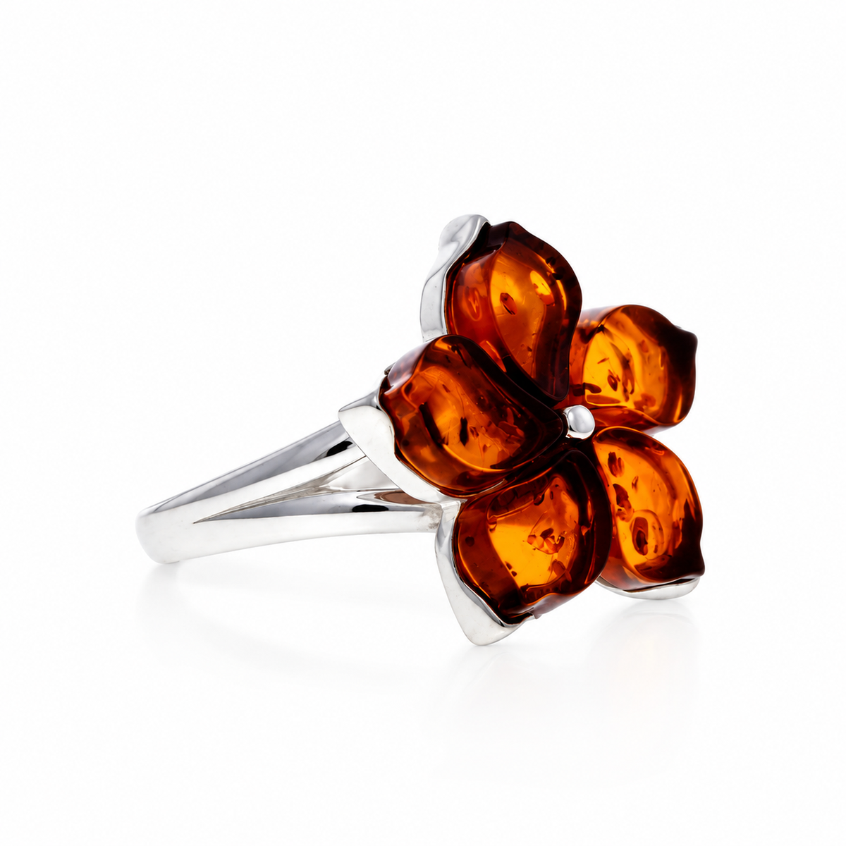925 Sterling Silver & Genuine Baltic Amber Five-Petal Flower Adjustable Ring - BT400